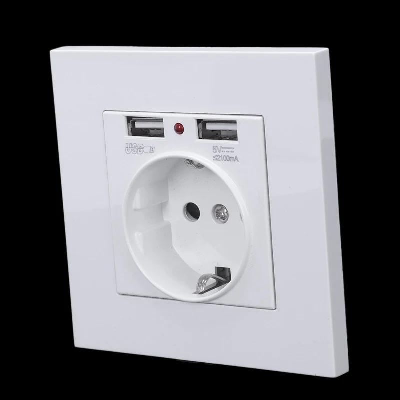 Pc Panel Wall Power Socket Grounded 16A Eu Standard Electrical Outlet With 2100Ma Dual Usb Charger Port For Mobile