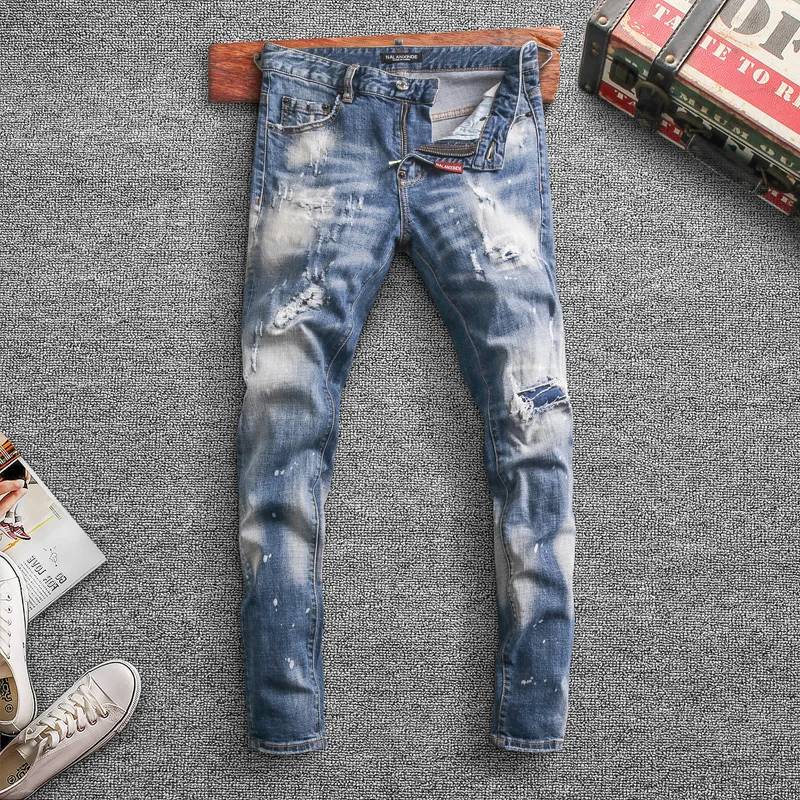 

Italian Style Fashion Men Jeans Retro Blue High Quality Slim Fit Ripped Hip Hop Denim Trousers Streetwear Painted Designer Pants