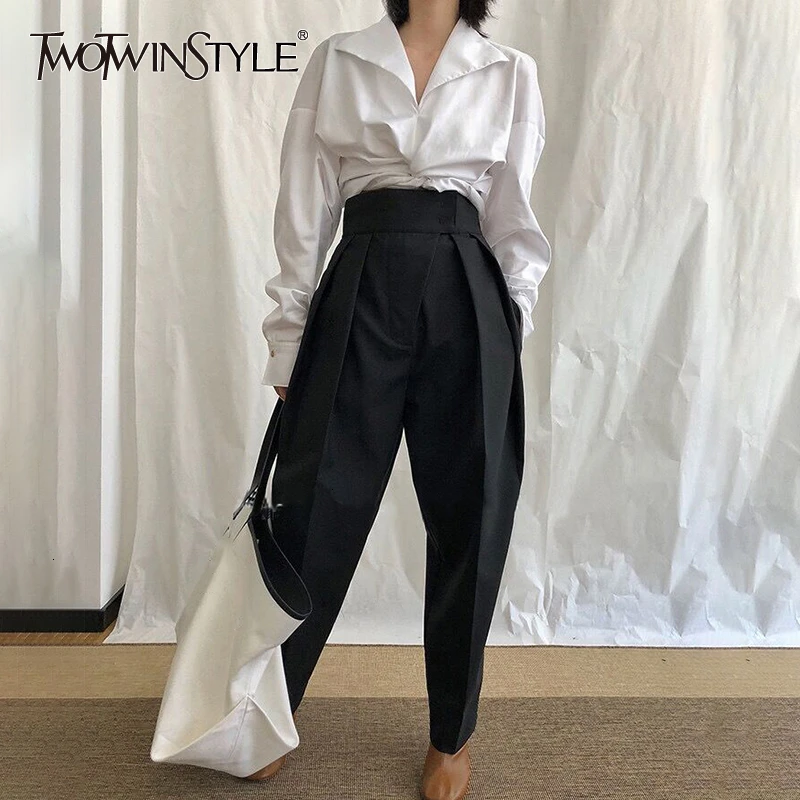 TWOTWINSTYLE Ruched Women's Trousers Elastic High Waist Pocket Loose Harem Long Pants Female Autumn Streetwear Fashion New 2020
