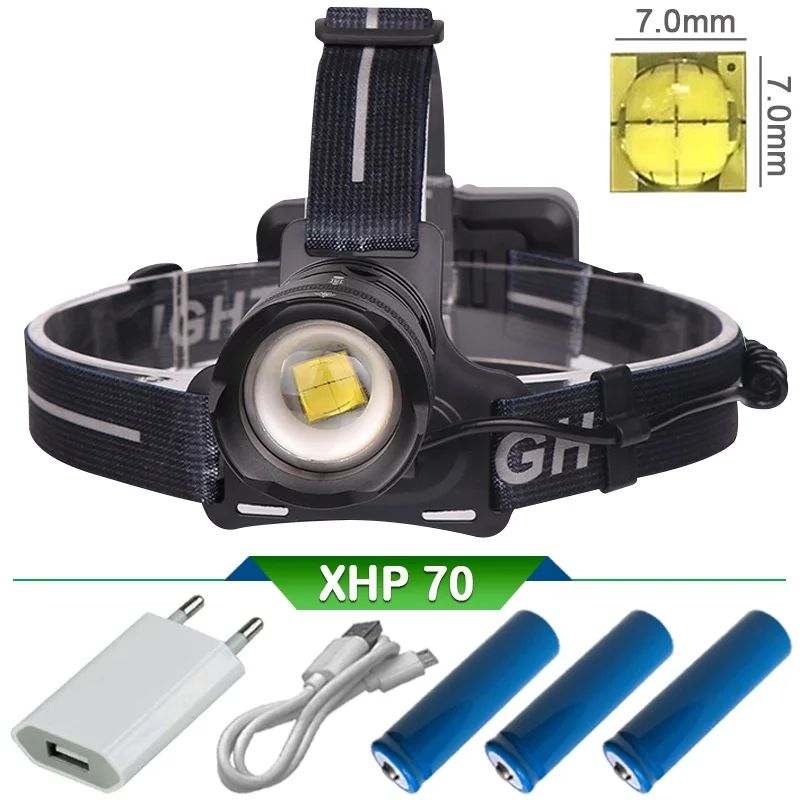 

xhp70 puissante rechargeable a led headlight 18650 Zoom high power led headlamp lampe frontale usb head lamp head torch lantern