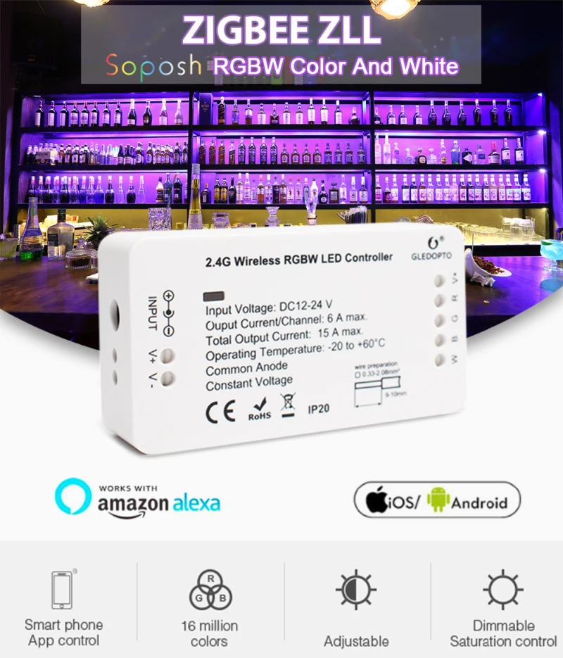 GLEDOPTO Zigbee 3,0 Zll DC12V-24V RGBW умное затемнение светильник контроллер полосы 2ID совместим с Amazon ECHO Plus Smartthings Hub