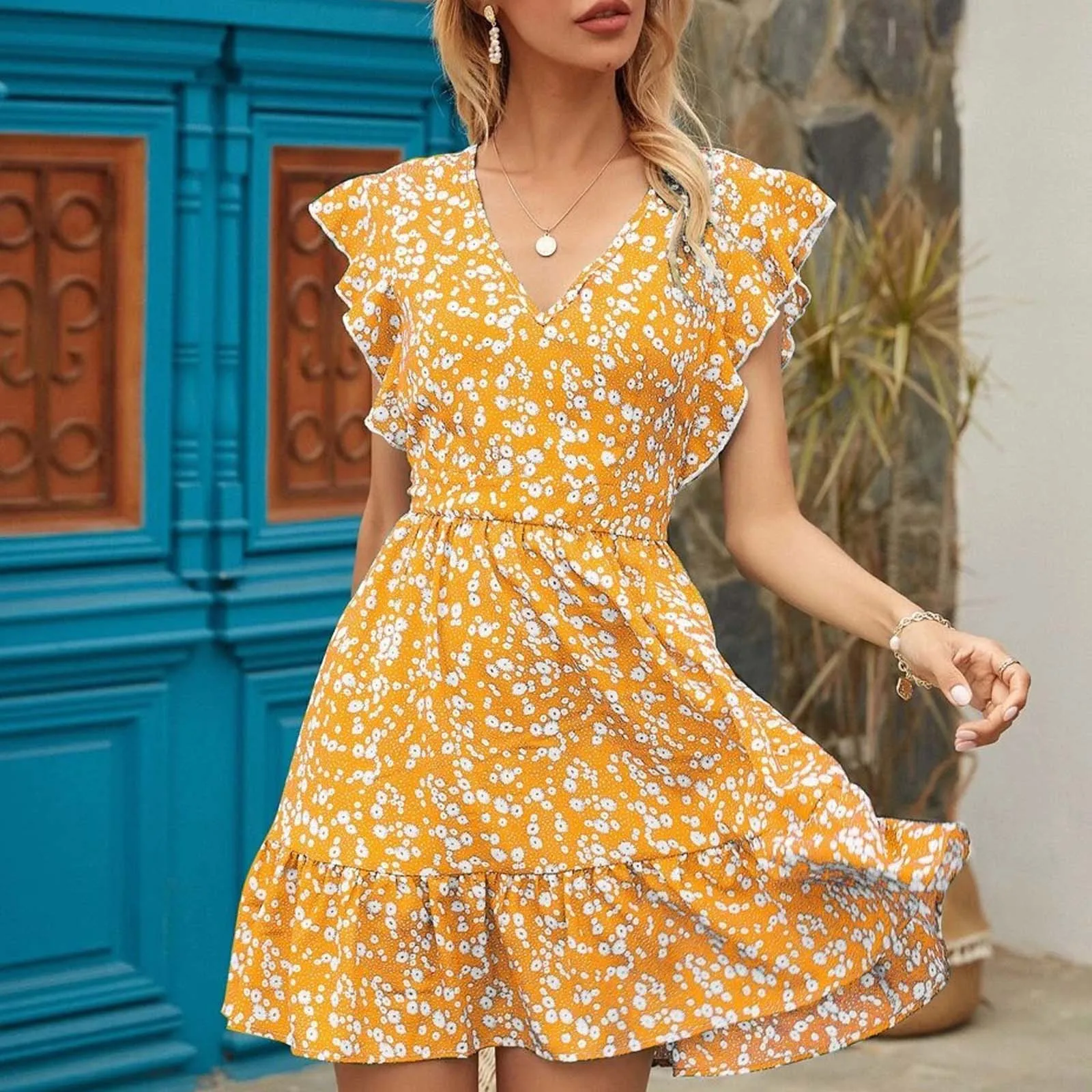 Women Fashion Floral  Dress Print Casual Ruffle Short Sleeve V-Neck Loose Sweet Elegant Chiffon Dresses Refreshing Vestidos 1