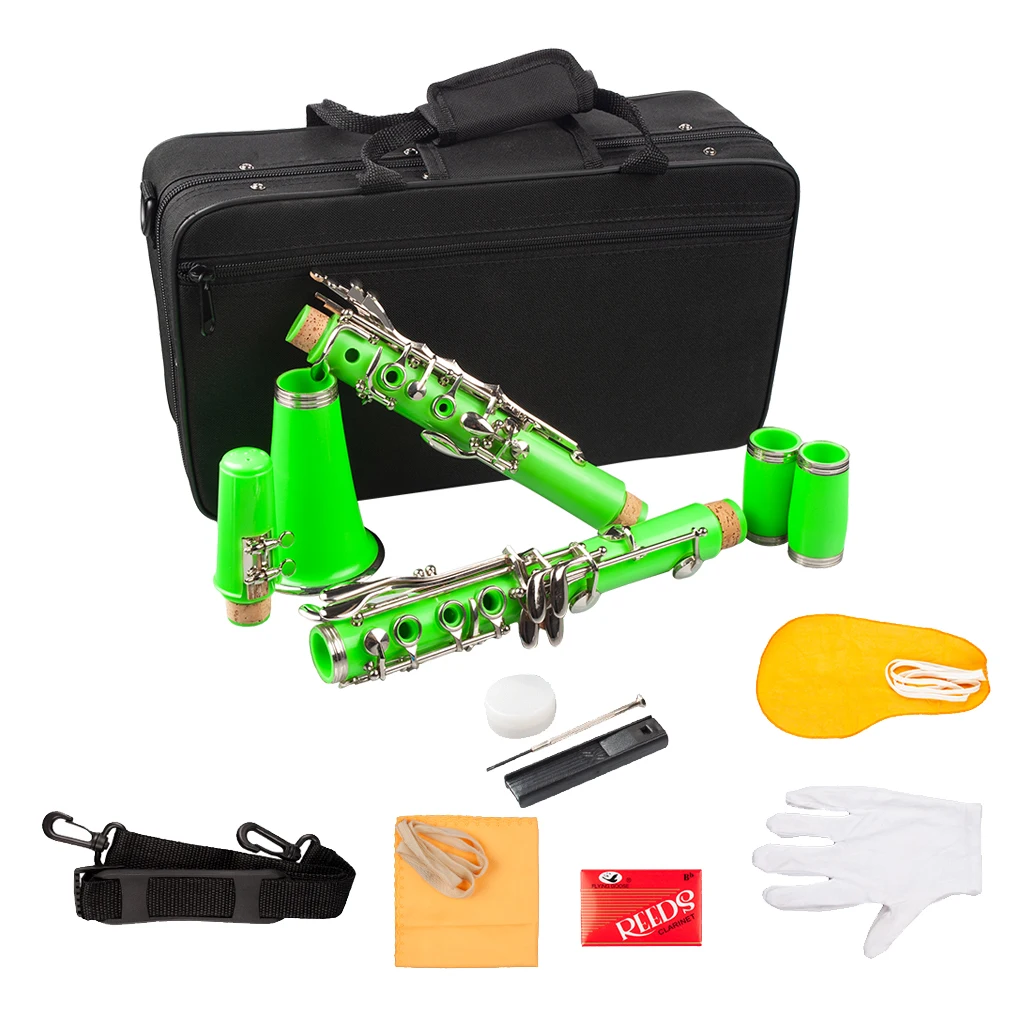 

B Clarinet With 17 Keys, Beginner Bb Clarinet Set With Case Cleaning Cloth Mouthpiece Gloves Leaves Etc - Green - Top Quality