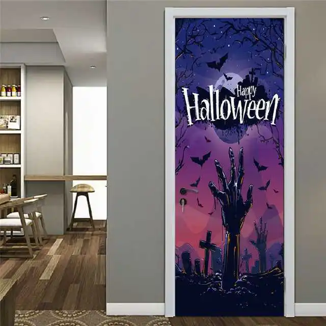 Хэллоуин фиолетовый ночной призрак ручной крест дверь стикер с изображением стены Наклейка украшение для двери искусство Спальня дверь Водонепроницаемая наклейка из ПВХ - Цвет: jc019