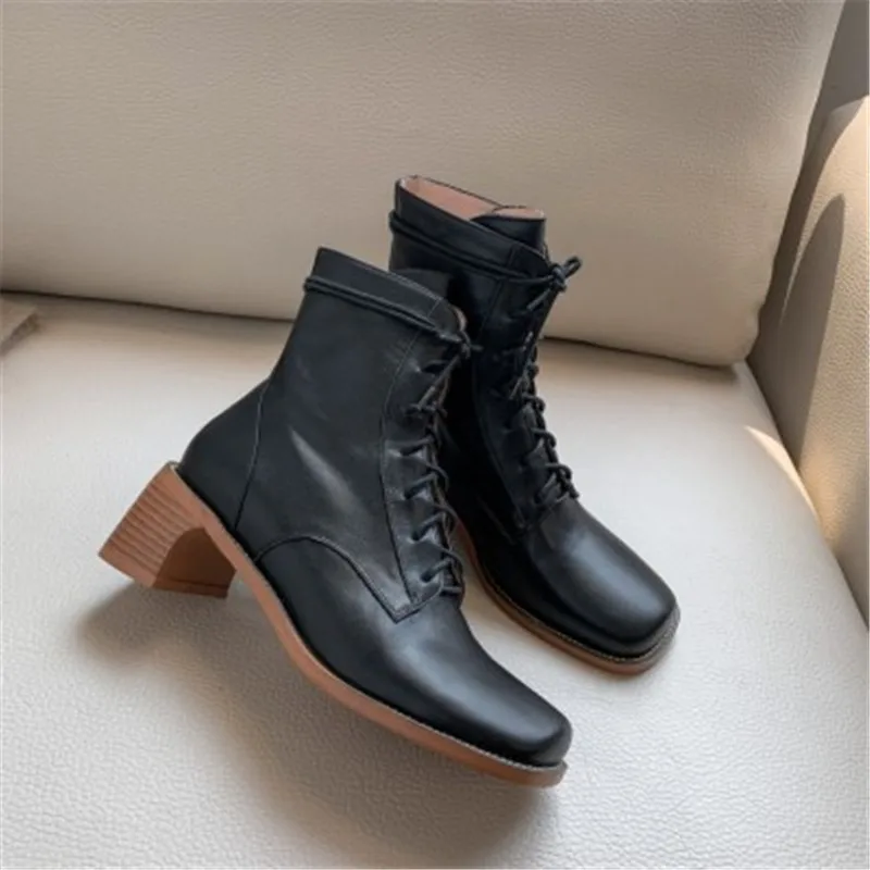 Zapatos De Mujer bottes femme; ботинки на среднем каблуке с квадратным носком; Calzado Mujer; женская обувь с перекрестной шнуровкой; осенние ботинки в стиле ретро