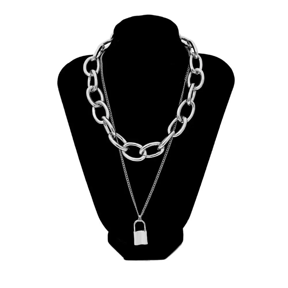 

New Double layer metal chain necklace with lock women/men punk rock padlock pendant necklace Vintage emo grunge Goth jewelry