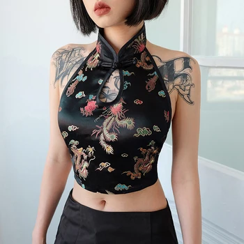 

Fashion Dragon Embroidery Chinese Style Small Vest Women Europe And US Explosion Models Sexy Backless Sleeveless Halter