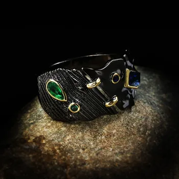 

Exaggerated Personality Jewelry Female 925 Sterling Silver Emerald Gemstone Wedding Rings Vintage Black Gold Rings for Women