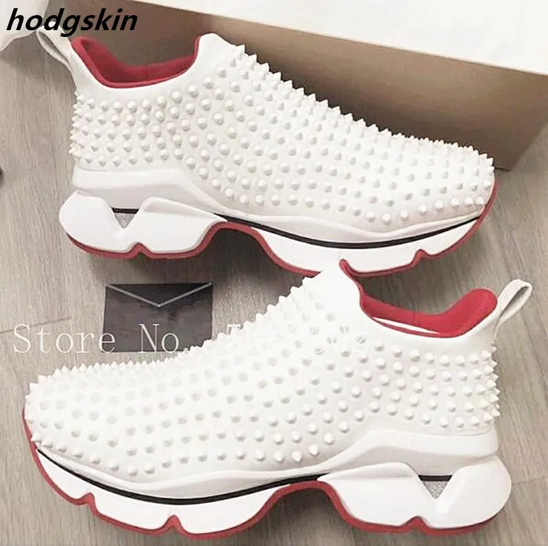 

2019 Fashion Red Pink Suede Women Boots Sneakers Spikes Rivets Studs Thick Bottom Flats Shoes Woman Slip On Zapatallias Mujer
