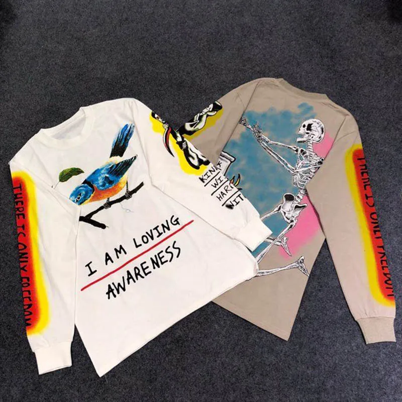 Длинная футболка KANYE WEST футболка с длинными рукавами и граффити, ручная роспись, рисунок птицы Свободная Повседневная хлопковая Футболка Harajuku с круглым вырезом