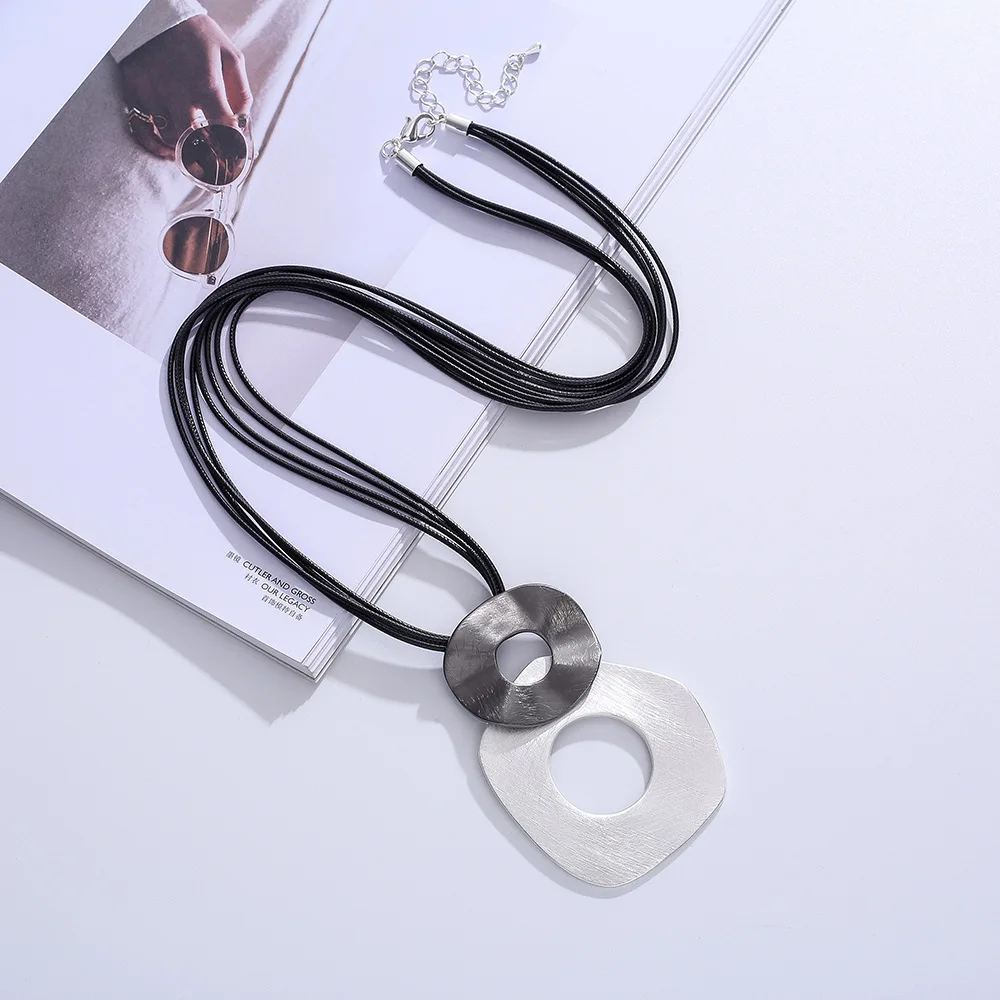Amorcome Fashion Multi-strand Black Leather Necklace with Geometric Metal Pendants Suspension Long Sweater Chains Collares Gift