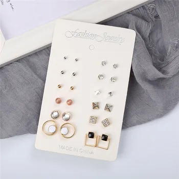 

12-Pack Geometry Circle Square Drill Earrings Ear Stud Women's Simple Fashion Gold Color Rhinestone Earrings Versatile Ear Stud