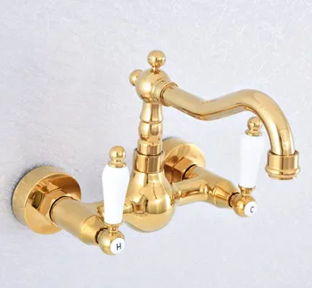 

Polished Gold Color Brass Wall Mounted Double Ceramic Handles Bathroom Kitchen Sink Faucet Mixer Tap Swivel Spout asf607