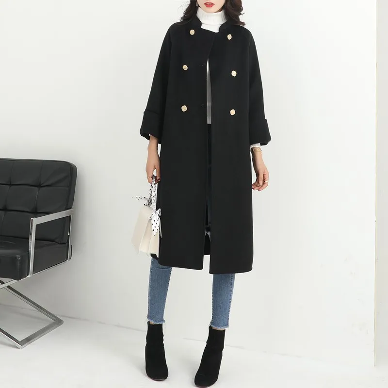 Офисная Дамская однотонная Длинная шерстяная смесь дамское пальто Модная тонкая женская куртка двубортное корейское женское модное пальто