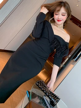

Sexy off-the-shoulder stitching feather hot rhinestone slim slit dress women's 2020 autumn and winter new