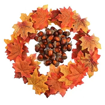 

300 Pieces Artificial Maple Leaves Fall Leaves with 50 Pieces Artificial Acorns for Autumn Party Thanksgiving Day