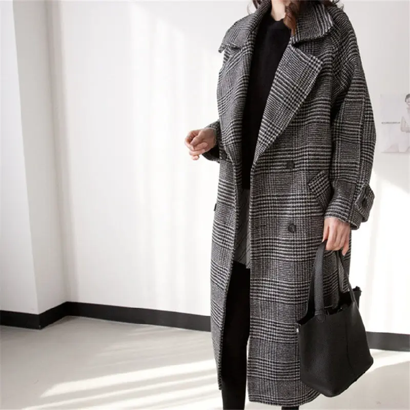 Skup HziriP Chic gruby Plaid elegancki płaszcz wełniany Streetwear ciepły wiatrówka nowy kobiety wykop moda długie damskie Plus Size płaszcz