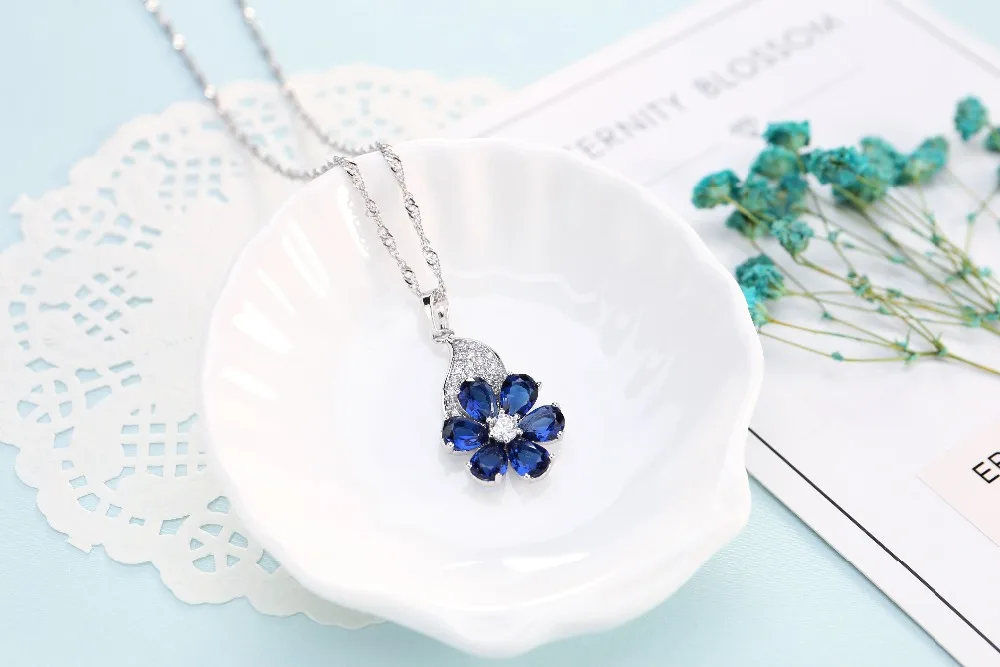 LADYCHIC роскошный синий и зеленый AAA цветок с цирконом Кулон Ожерелья модные кристалл серебряный цвет Свадебные украшения LN1097