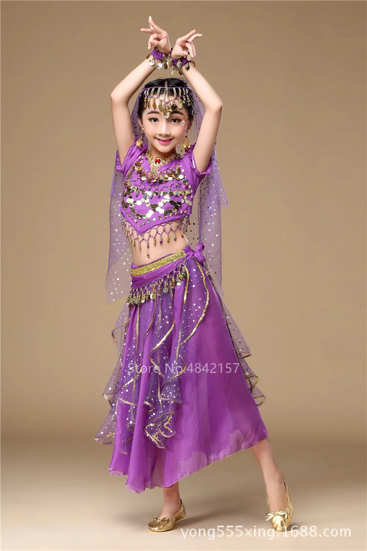 5 Colors Children's Day Belly Dance Stage Performance Baby Girl Kid Suit Oriental Indian Sequin Belly Costume Top Skirt Costume