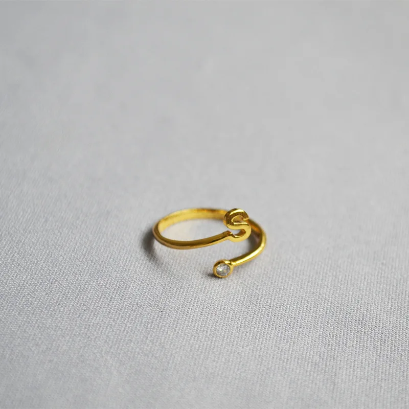 S New Design Letter Ring Alphabet Name Initial rings for women, Adjustable Opening,Round clear Zircon,Party engagement jewelry - Main Stone Color: S