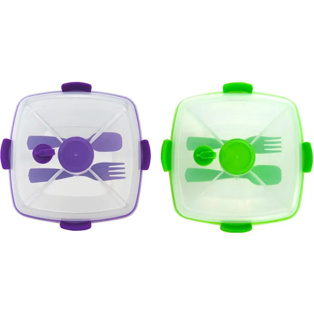 

Lunch Container With Salad Bowl Plastic Double-layer Separated Lunch Box Square Fruit Tray With Sauce Jar Reusable Fork Spoon