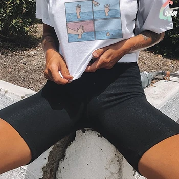 

Two Piece Set Summer Spoof Print Woman Tshirts Stretch Short Solid Black Shorts Personality Clothes For Women Pants Sweatpants