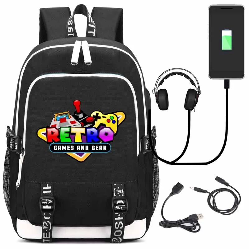 style1 black Игровой ретро рюкзак с usb-портом для зарядки и замком и интерфейсом для наушников для студентов колледжа - Цвет: style1 black