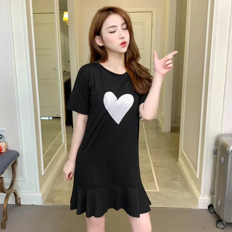 

Korean Sweet Casual Women Short Sleeve Heart Print Dress Loose Round Neck Ruffled Fishtail Dress