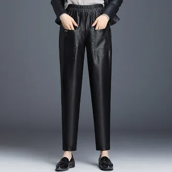 

PU Leather Pants Women 2019 New Autumn Winter Elastic High Waist Solid Black Slim Fit Pocket Harem Pants Ankle-length Pants