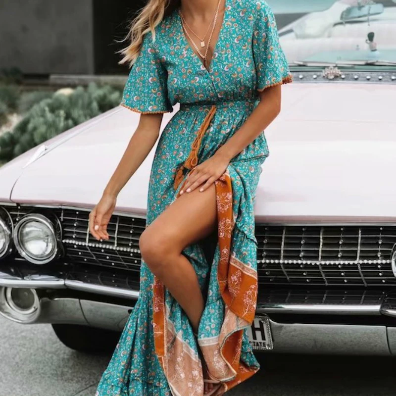 Boho шикарное модное женское Цветочное платье с v-образным вырезом и кружевным воротником, Пляжное богемное женское летнее платье happie макси с кисточками
