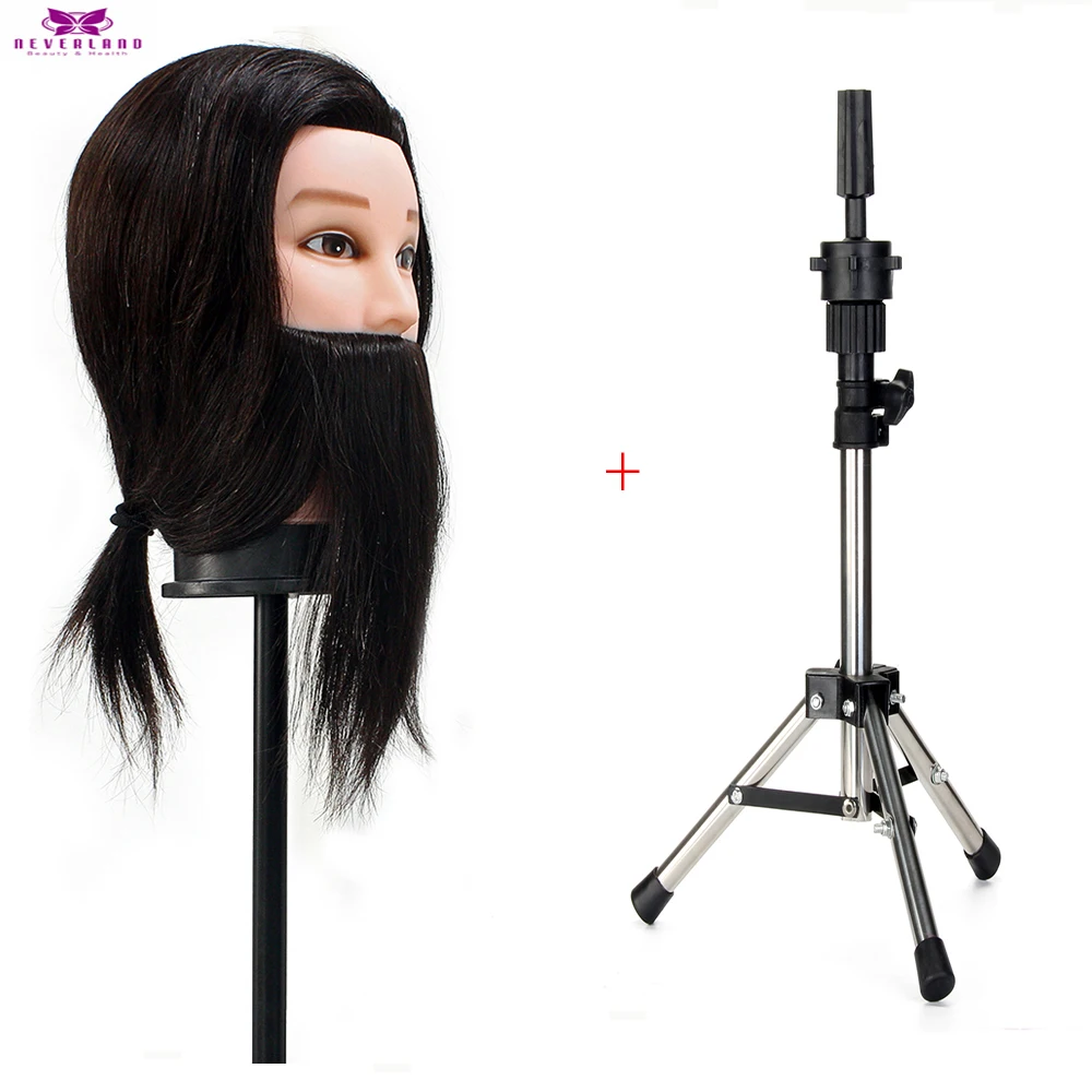 100 Real Hair Male Training Head Mannequin Hairdressing Thick Black Hair Men Model Wig With Beard Tripod Stand For Cutting