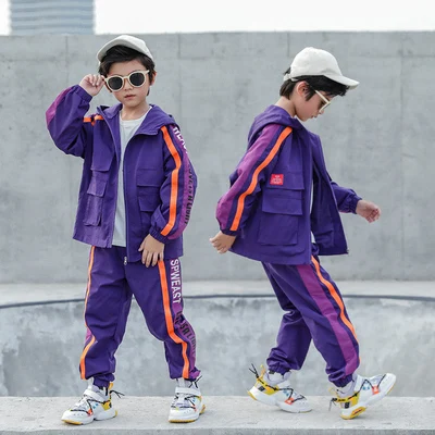 Purple Импортные товары для мальчиков свободные Комплект повседневной одежды для детей, детская полосатая одежда из кусков ткани детская толстовка с капюшоном Тренч+ штаны, костюм из 2 предметов B271 - Color: Purple