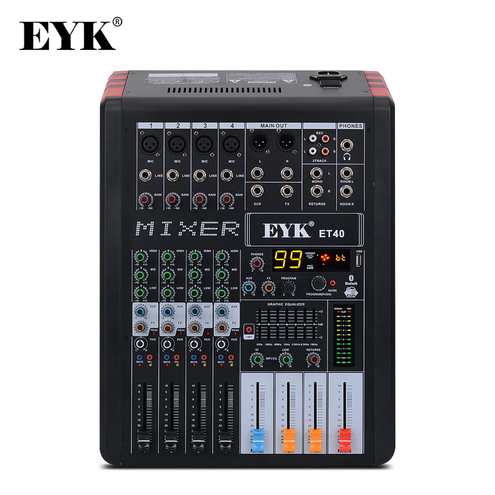EYK ET40 4 kanały profesjonalny sprzęt audio mikser dj studio 7 zespół EQ 99DSP USB bluetooth nagrywania konsola miksująca z AUX FX wyjście EYK ET40 4 kanały profesjonalny sprzęt audio mikser dj studio 7 zespół EQ 99DSP USB bluetooth nagrywania konsola miksująca z AUX FX wyjście