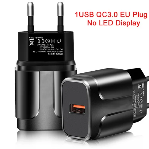 Светодиодный дисплей, 3 USB зарядного устройства QC3.0, 3 порта, быстрое зарядное устройство, штепсельная вилка европейского стандарта, зарядное устройство для мобильного телефона для samsung, iPhone, Xiaomi, дорожный настенный адаптер - Тип штекера: QC3.0 1USB NO LED