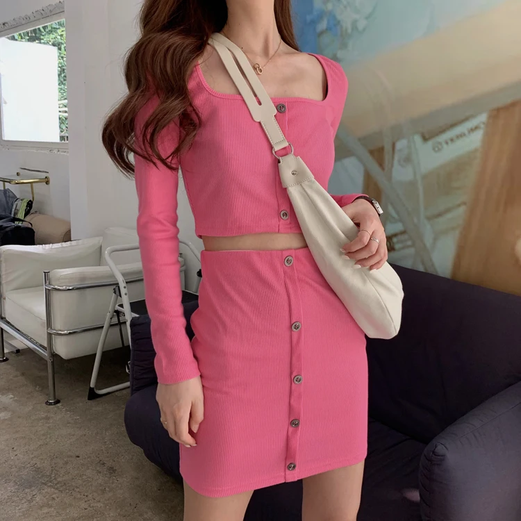 

2020 Sexy Off Shoulder Two Piece Set Solid Button Bodycon 2 Piece Set Women Long Sleeve Top And Skirt Summer Autumn Sets