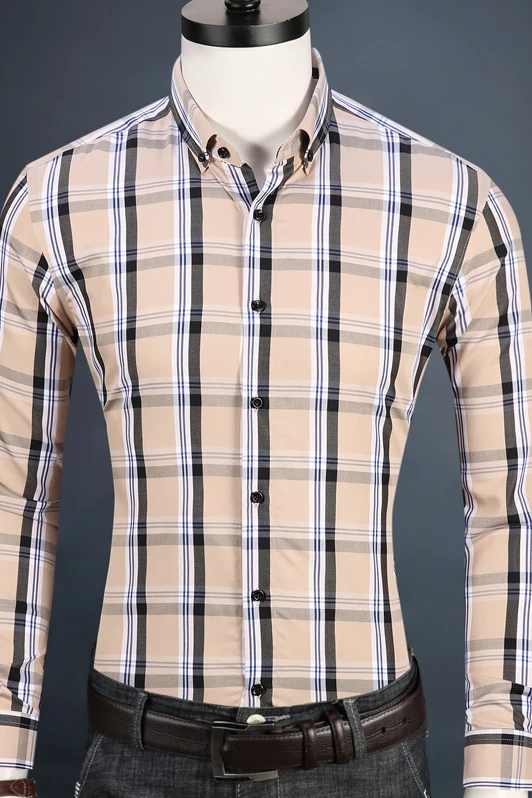 Высокое качество, длинный рукав, Мужская мода с длинным рукавом в шотландскую клетку рубашка с воротником в клетку социальных Удобная Рабочая Smart Повседневная рубашка