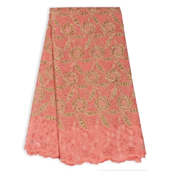 

2020 Latest Peach Swiss Voile Cotton Nigerian Lace Fabric Women Men's Dress with 5 Yards Stones Laces Embroidery Laces Fabrics
