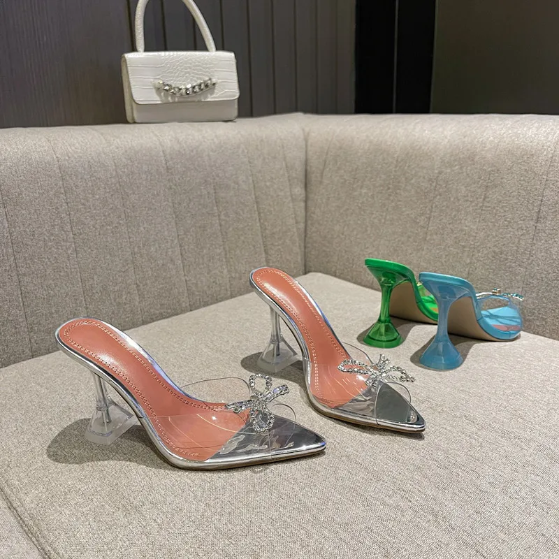 Big size 35-45 Transparent PVC Women Slippers Fashion Crystal Bowknot High heels Jelly Shoes Summer Female Green Mules Slides slippers sandals shoes slippers sandals female slippers