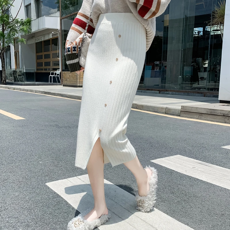 

Thick Warm Winter Knitted Sweater Skirts Japanese Sweet Twist High Waist Pleated Mid-length Knit Straight Elegant Skirt Women