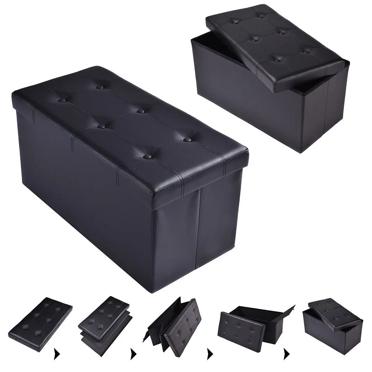 

Costway 30"x15"x15" Large Folding Storage Faux Leather Ottoman Pouffe Box Stool (Black)