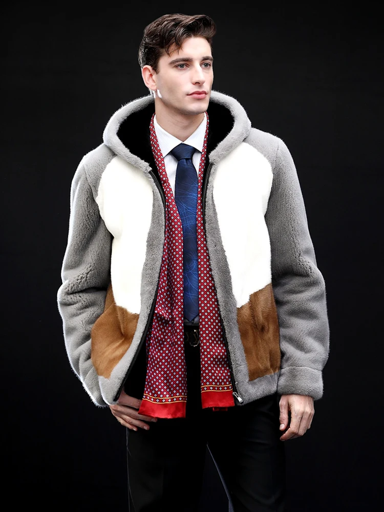New Mens Mink Fur Coat With Hooded Grey Leather Jacket Contrast Color Coat Removable Sleeves