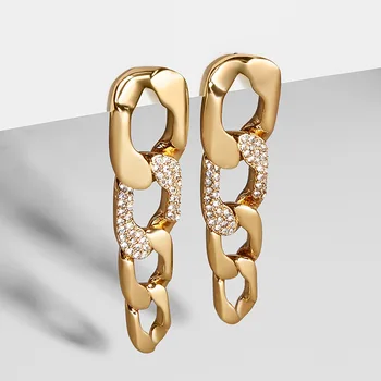 

New Trendy Full Rhinestone Paved Twisted Chain Gold Earrings Hiphop Street Style Metal Earring For Women Party Gifts