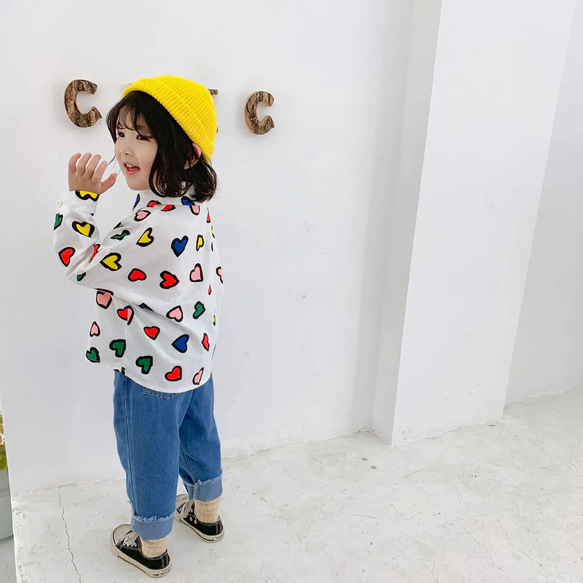 Children Childrenswear Korean-style Men And Women Child Spring And Autumn Colour Printing Heart Fold-down Collar Shirt Hem Arc B