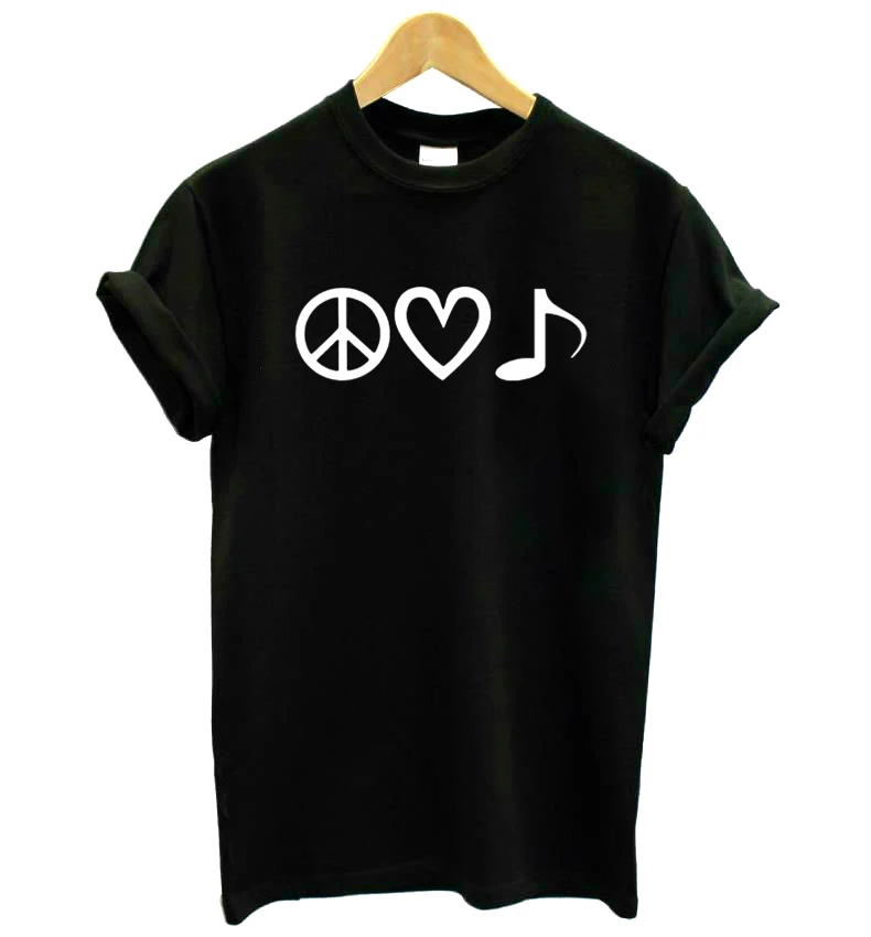 Женская футболка с принтом PEACE LOVE and MUSIC хлопковая Повседневная забавная для