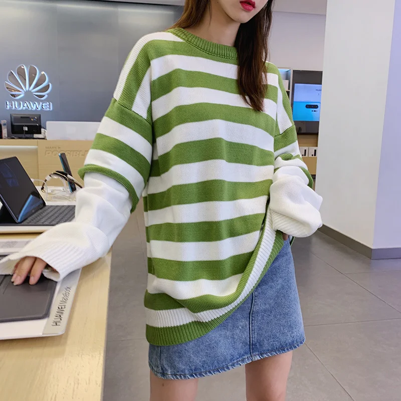 Autumn Sweater Men Fashion Contrast Color Casual Striped Couple Sweter Streetwear Loose Fake Two-piece Knitting Pullover Men