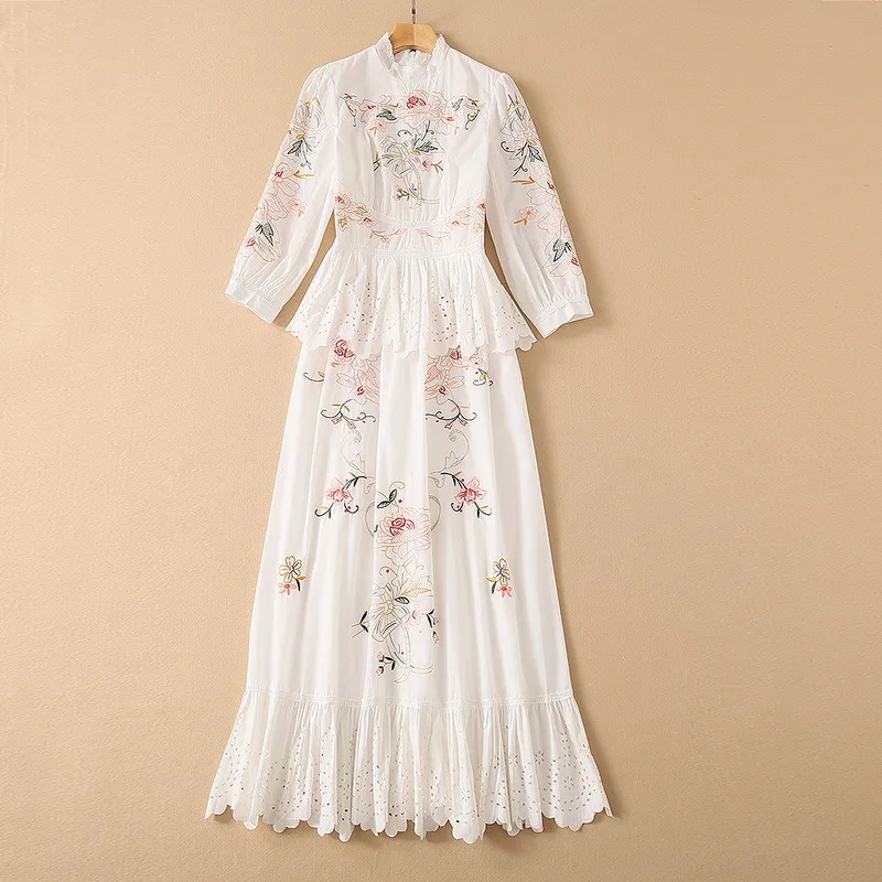 

European and American women's wear for spring 2021 Seven-point sleeve collar Hollow out the embroidery Fashion fishtail dress