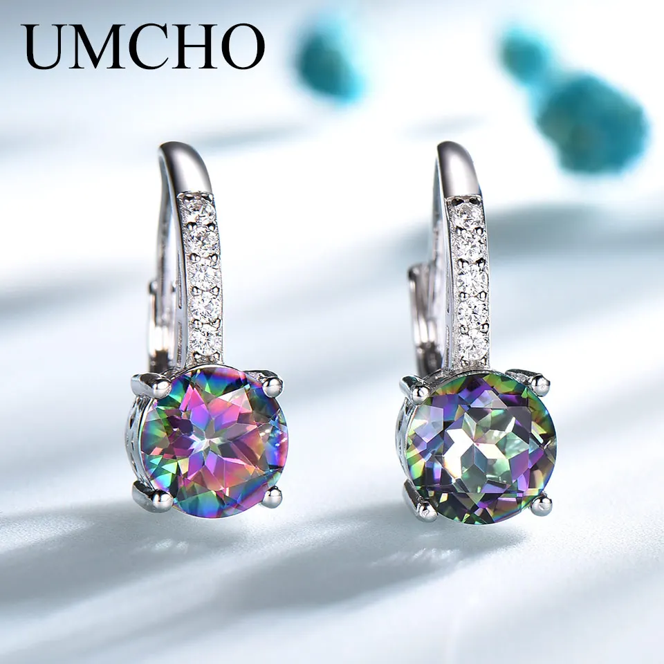 UMCHO-pendientes redondos de plata 100% para mujer, joyería fina de topacio Nano místico, regalo de fiesta, 925