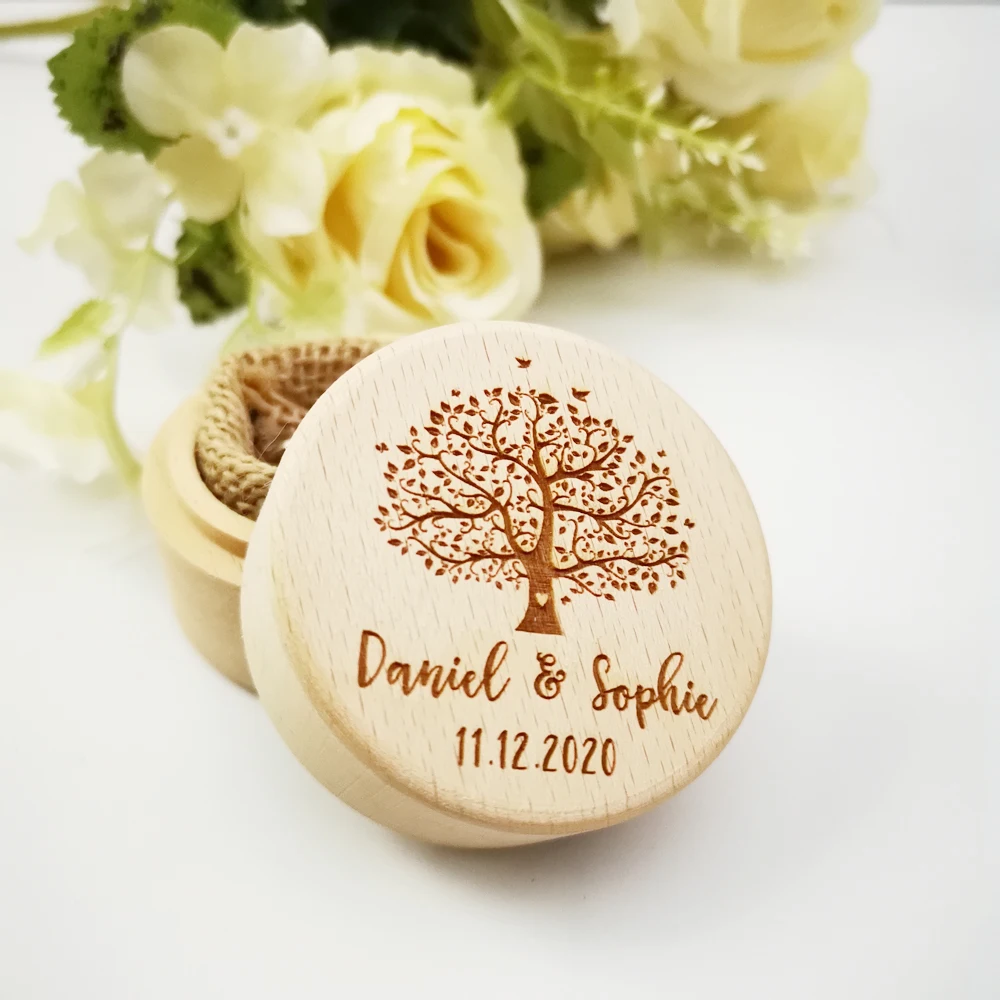 Custom Rustic Wedding Tree Wooden Ring Box Holder Anniversary Gift Personalized Wood Ring Bearer Box Jewelry Trinket Box (2)