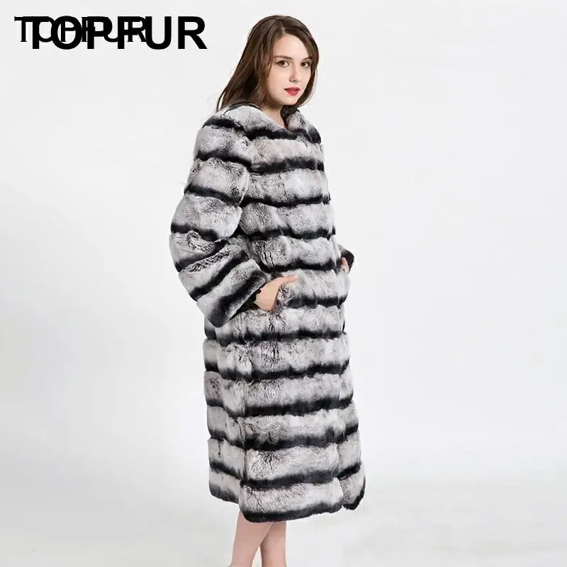 TOPFUR Новое поступление натуральная Шуба из кролика Рекс для женщин Полный Пелт 110 см длинный Настоящий мех кролика женская верхняя одежда горячая Распродажа 1616