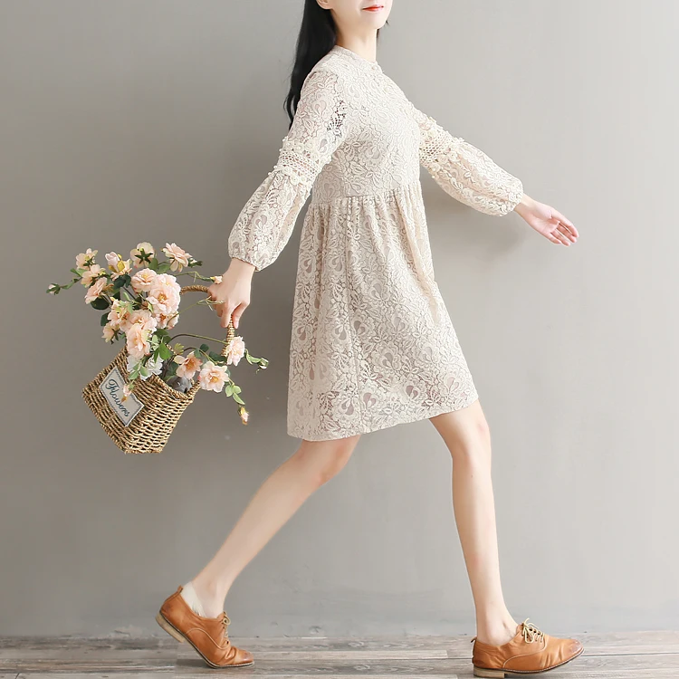 Mori girl robe Femme весеннее элегантное винтажное платье с круглым вырезом, бисером и рукавами-фонариками, кружевное мини-платье с высокой талией в стиле пэчворк AF826